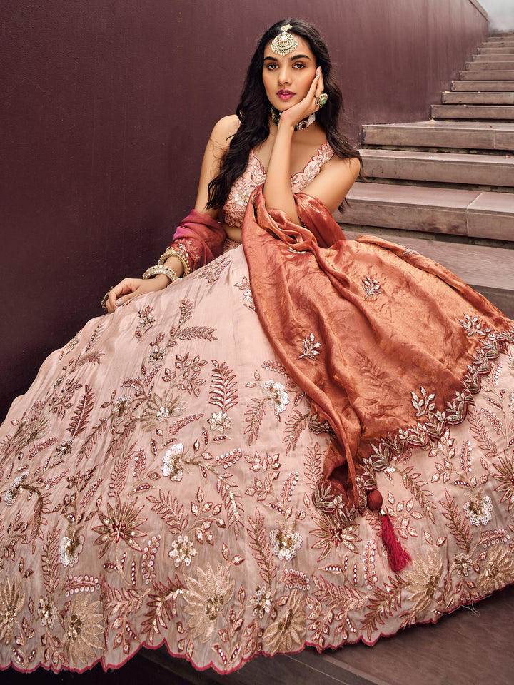 Charming Peach Embroidered Rayon EngagementÃ‚Â Wear Lehenga Choli