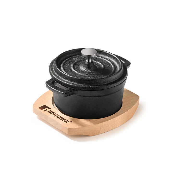 Bergner Cook & Share 10 cm (265ml) Mini Casserole | Cast Iron with Wooden Tray