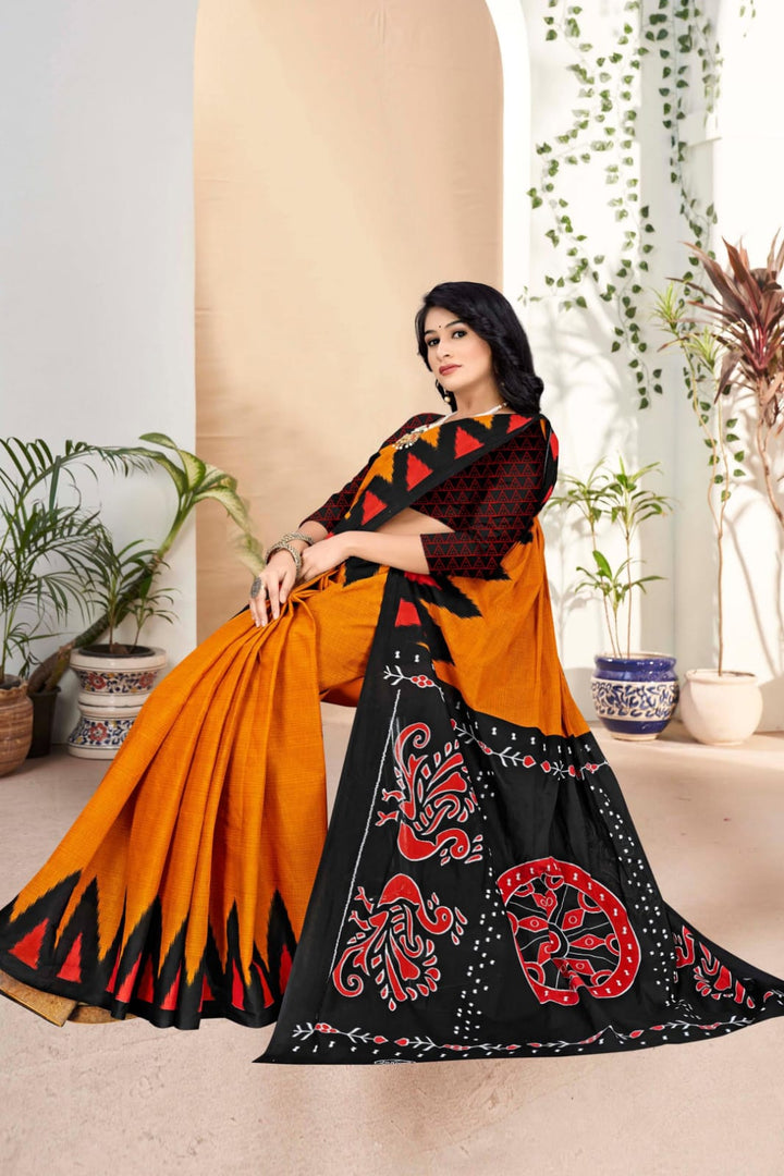 Stunning black and orange saree featuring tribal art, ideal for cultural and traditional events.