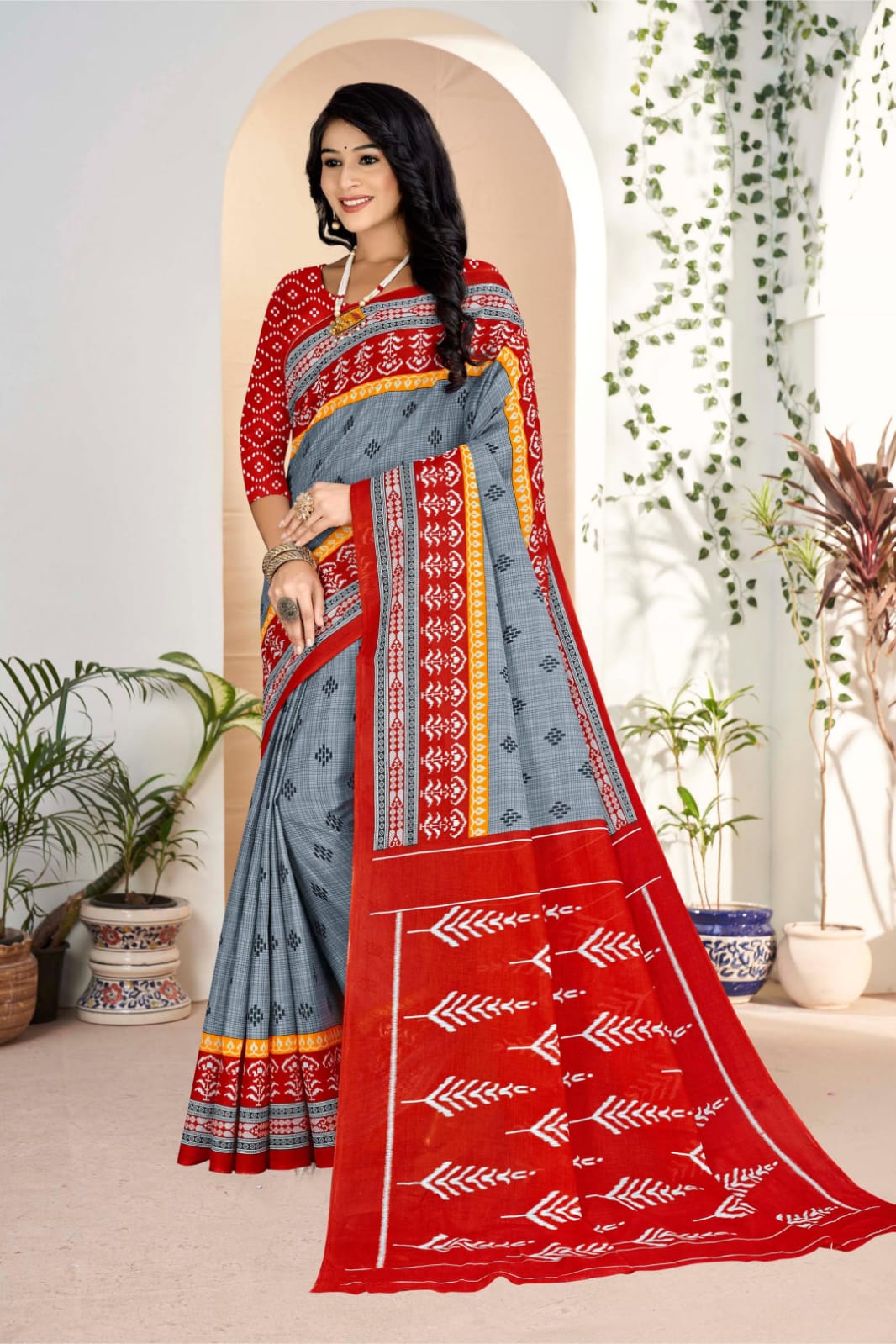 Grey and red handloom cotton saree with artistic tribal designs, a stunning choice for special events.