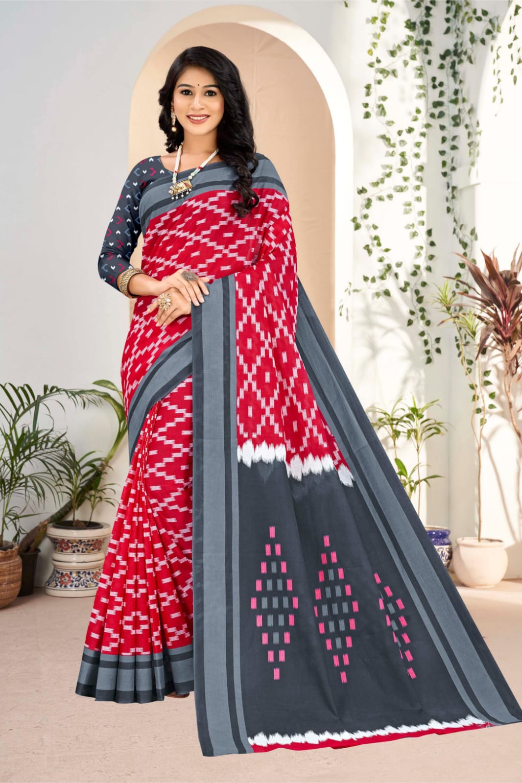 Traditional grey and red handloom saree with intricate tribal designs, perfect for cultural and festive occasions.