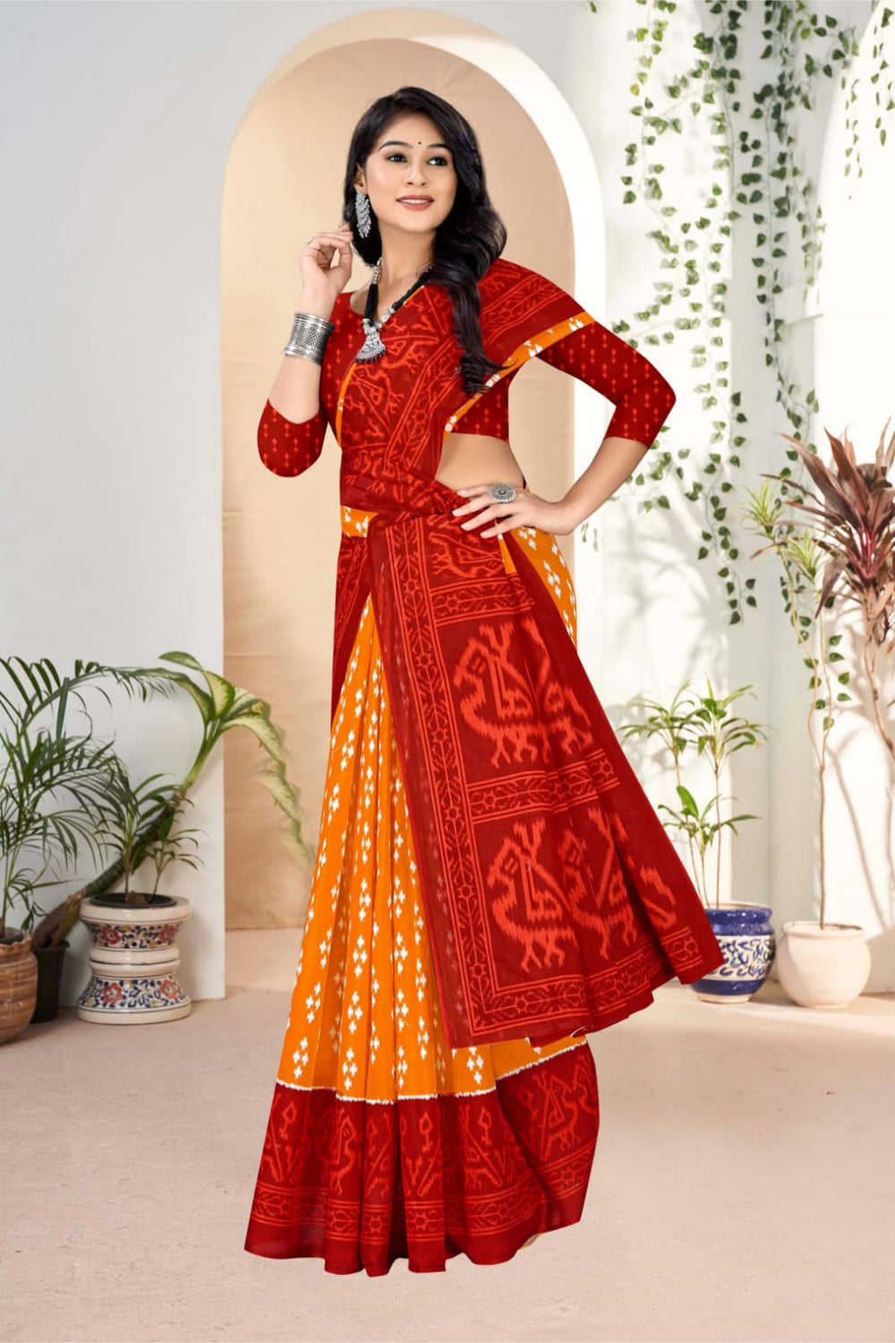 Elegant pumpkin and dark red saree with handloom fabric and intricate tribal art for festive occasions.