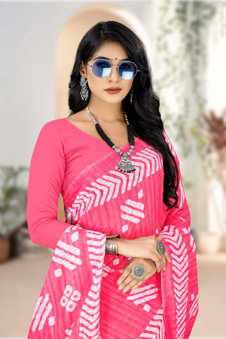 Fancy pink handloom cotton saree with unique tribal patterns, perfect for festive wear.