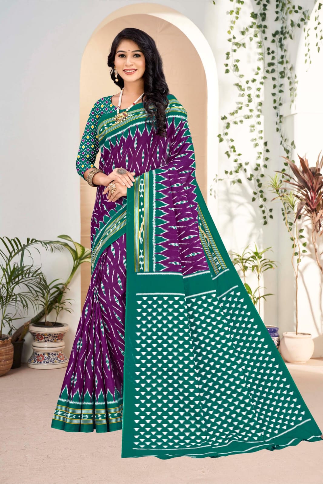 Elegant purple and pine green saree with tribal art, perfect for traditional occasions.