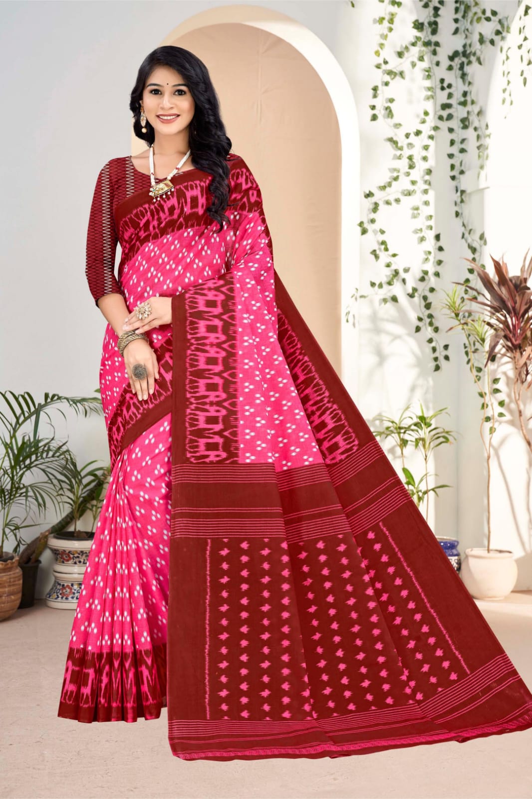 Handloom pink and dark red saree with detailed tribal patterns, ideal for Indian cultural events.