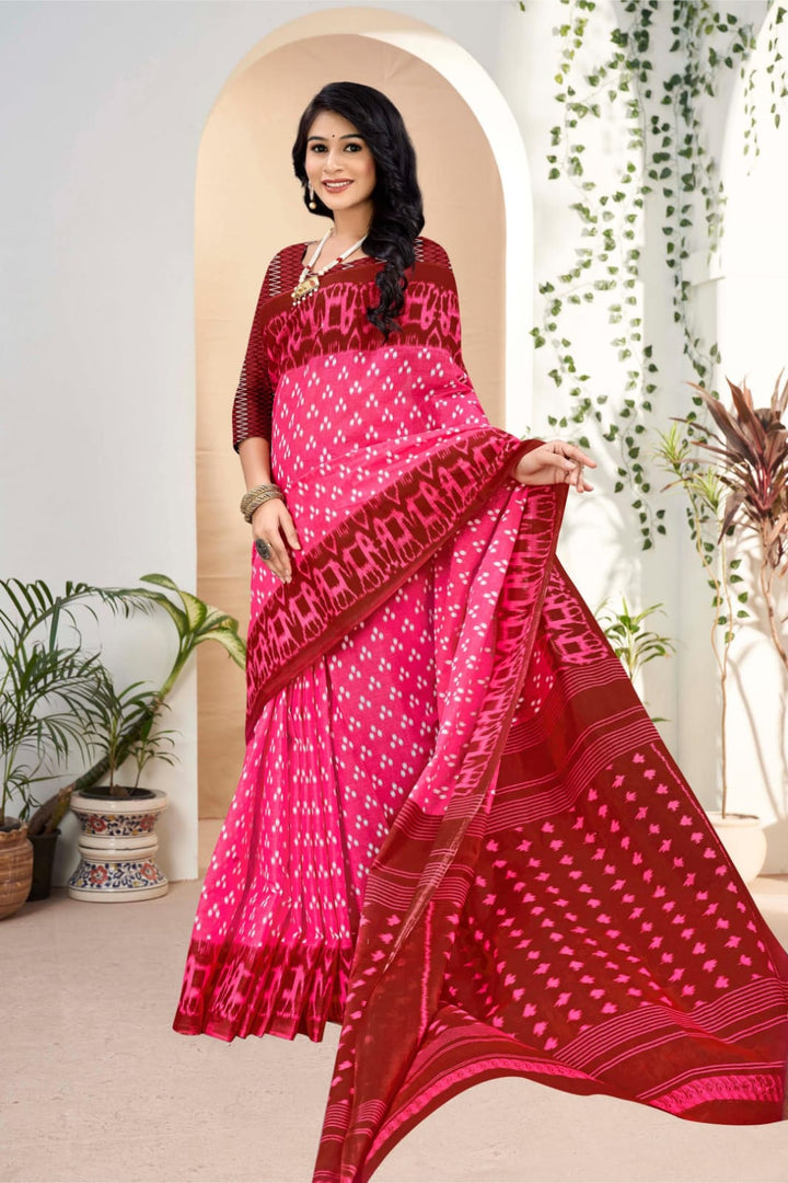 Beautiful pink and dark red saree with handloom cotton fabric and tribal patterns for festive wear.