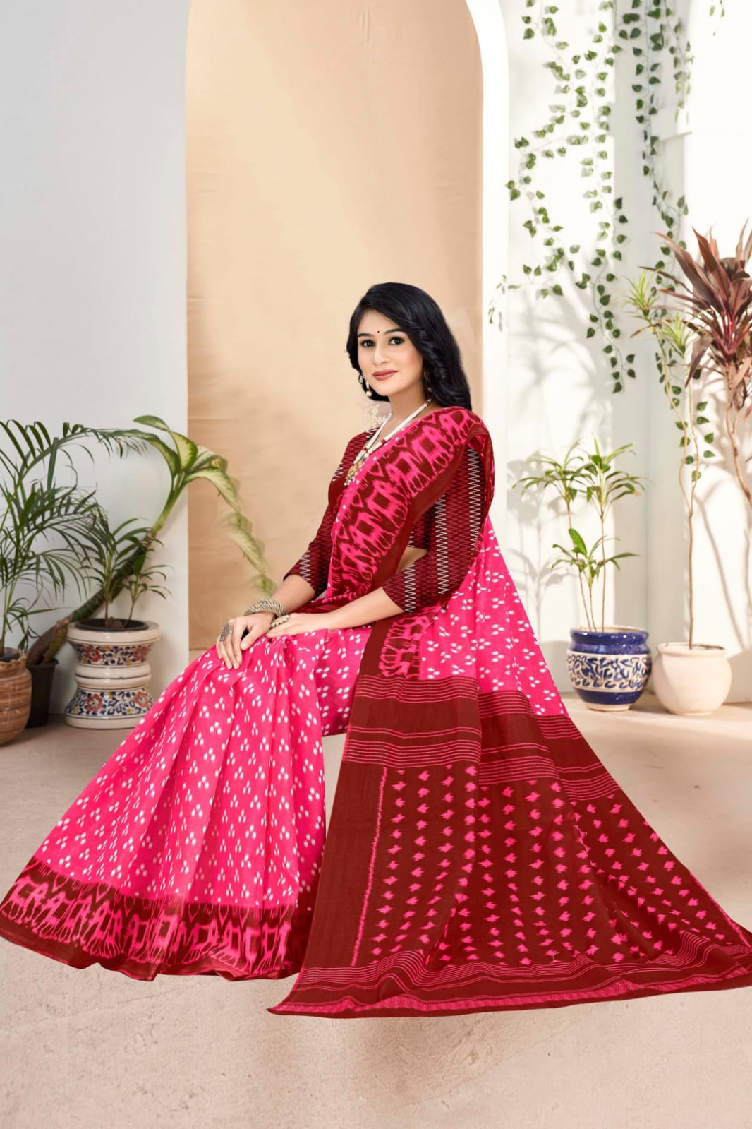 Pink and dark red handloom saree with traditional tribal motifs, perfect for cultural occasions.