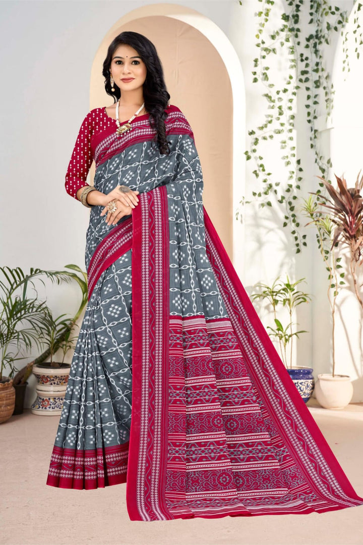 Stunning gray and burgundy saree with unique tribal artistry, perfect for cultural and formal events.