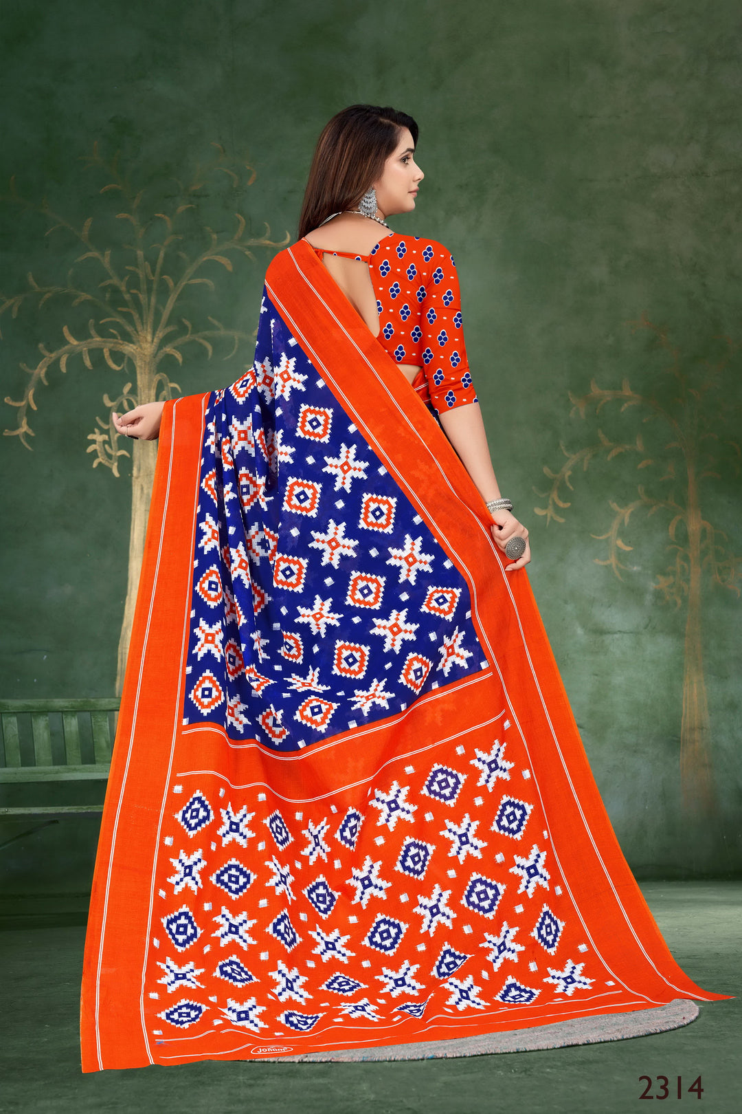 Beautiful orange and blue handloom saree with intricate motifs, ideal for wedding celebrations and festive occasions.