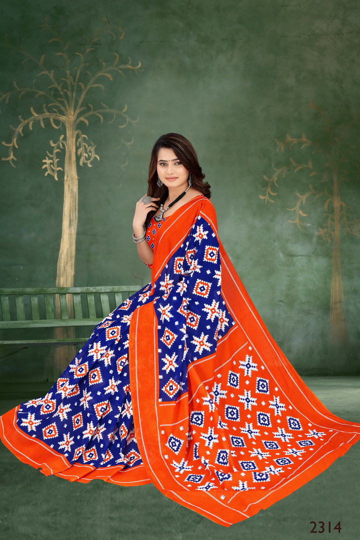 Elegant orange and blue saree with stunning handloom cotton fabric and motifs, ideal for Indian weddings.