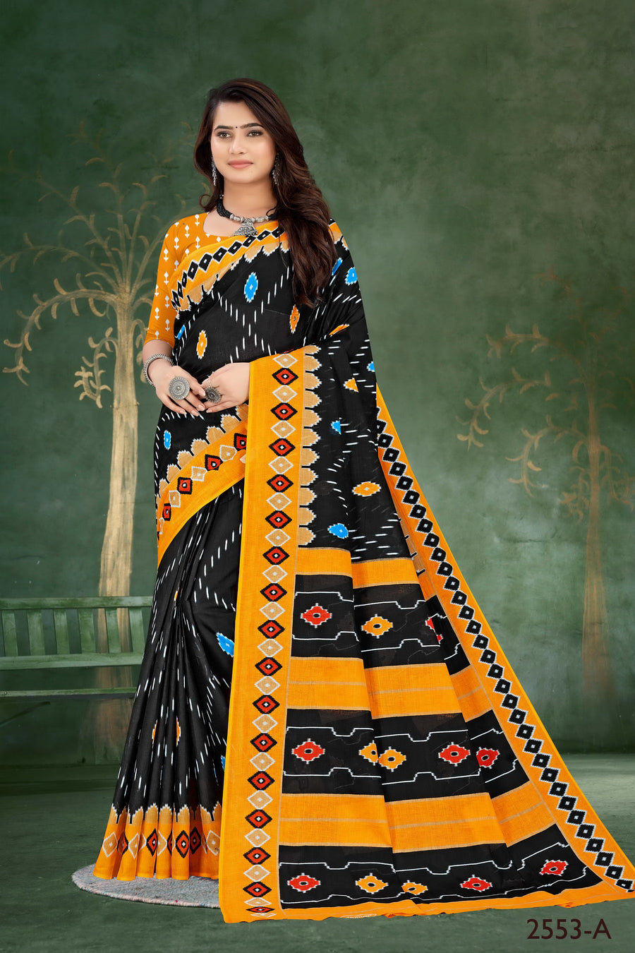 Elegant black and orange handloom cotton saree with cultural artistry, perfect for festive occasions.