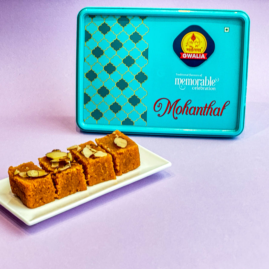 Mohanthal, a rich Indian sweet made from gram flour, ghee, and sugar, offering a melt-in-the-mouth texture for festive celebrations.
