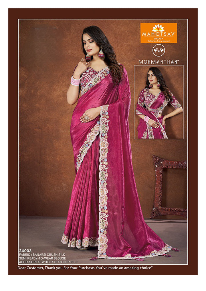 Bold Banarasi Saree | Elegant Stone & Sequin Work Sari for Women