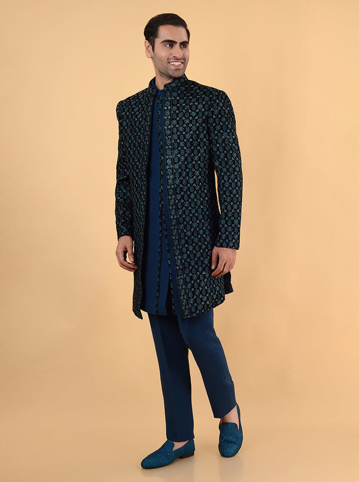 Stylish navy velvet Indo Western for men with machine embroidery