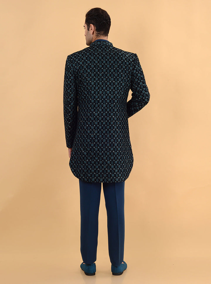 Elegant navy blue Indo Western with full sleeve and mandarin collar