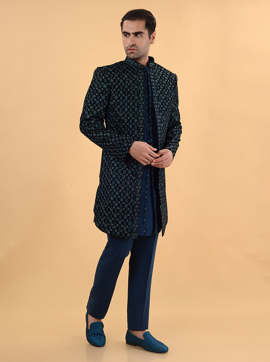 Regular fit navy velvet Indo Western, perfect for sangeet events