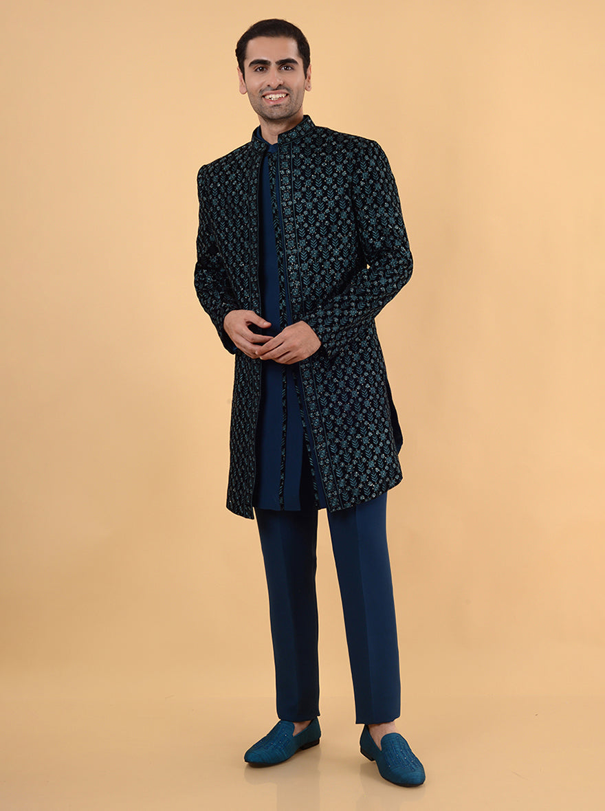 Men’s navy blue velvet embroidered Indo Western for formal occasions