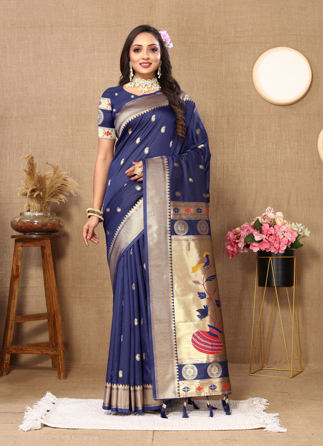 Navy Paithani silk saree with intricate zari and meenakari work, ideal for Indian ceremonies.