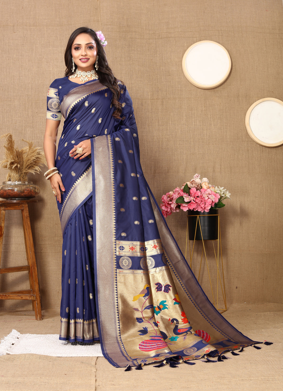 Elegant navy Designer Paithani saree with luxurious zari and meenakari, perfect for weddings.