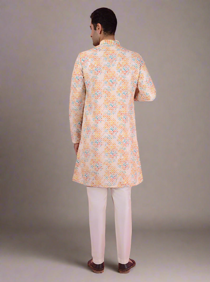 Elevate your festive wardrobe with this stylish Yellow and Orange Silk Blend Kurta Pajama, ideal for special occasions.