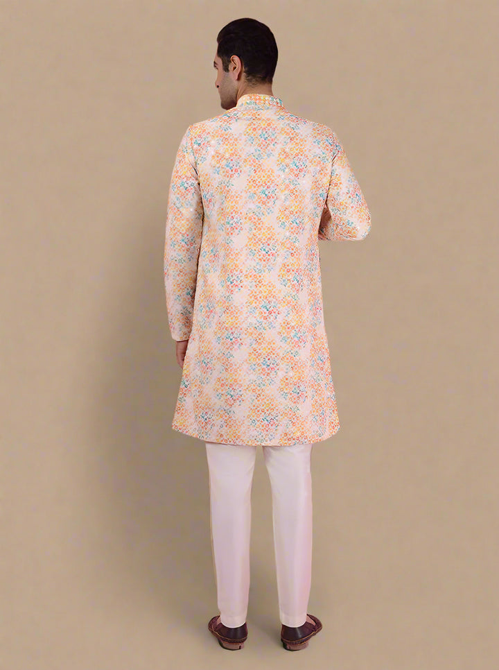 Stylish yellow silk blend kurta pajama for men, designed for traditional special events.