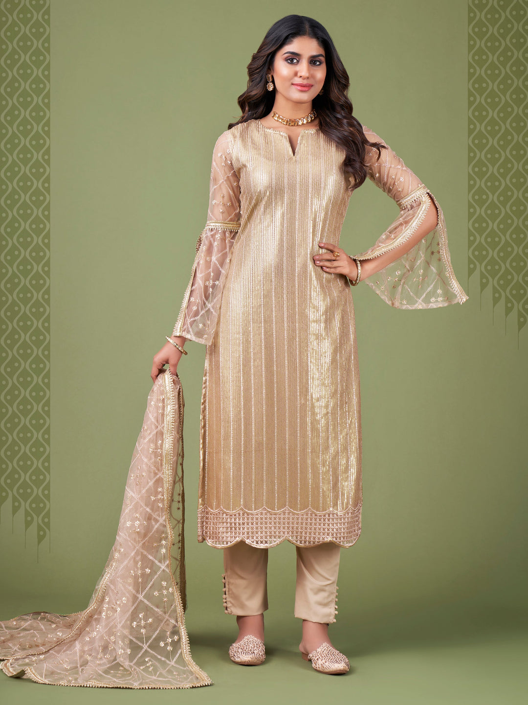 Magnificent Beige Sequins Embroidery Net Event Wear Salwar Suit