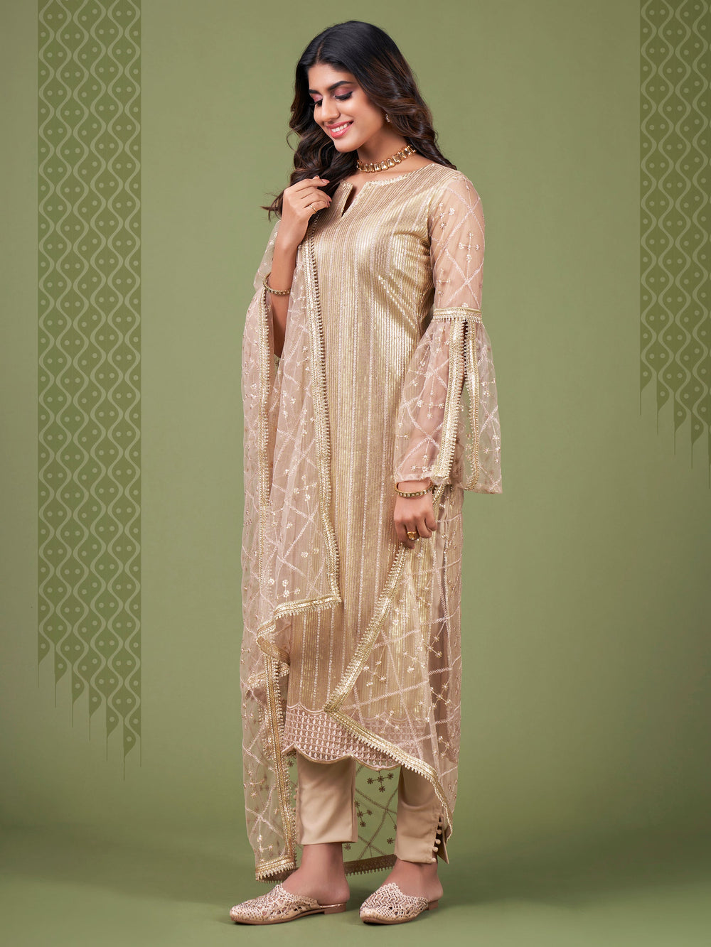 Magnificent Beige Sequins Embroidery Net Event Wear Salwar Suit