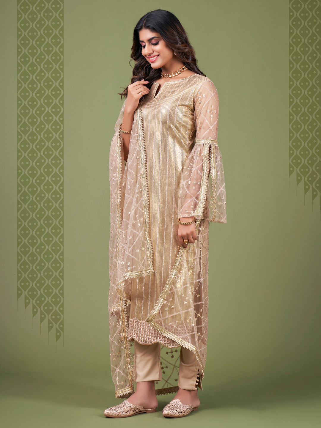 Magnificent Beige Sequins Embroidery Net Event Wear Salwar Suit