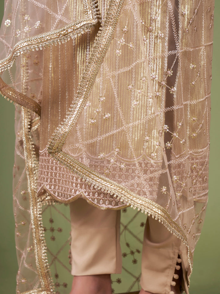 Magnificent Beige Sequins Embroidery Net Event Wear Salwar Suit