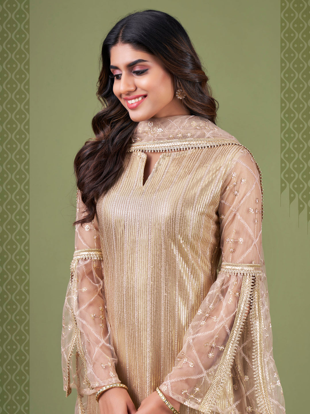 Magnificent Beige Sequins Embroidery Net Event Wear Salwar Suit