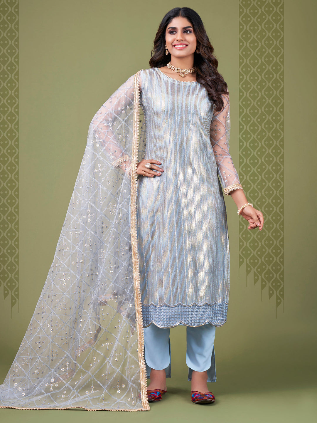 Spectacular Sky Blue Heavy Embroidery Net Salwar Suit With Dupatta