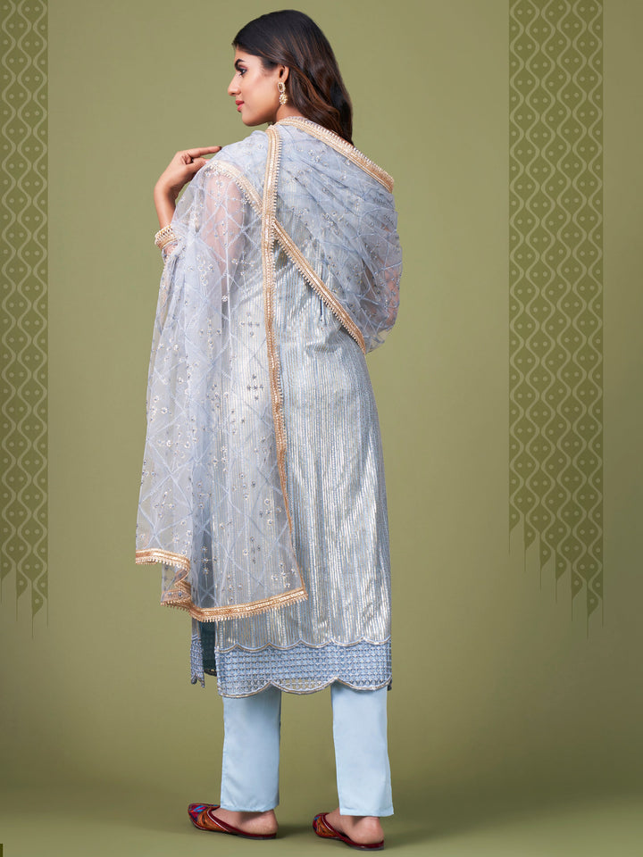 Spectacular Sky Blue Heavy Embroidery Net Salwar Suit With Dupatta