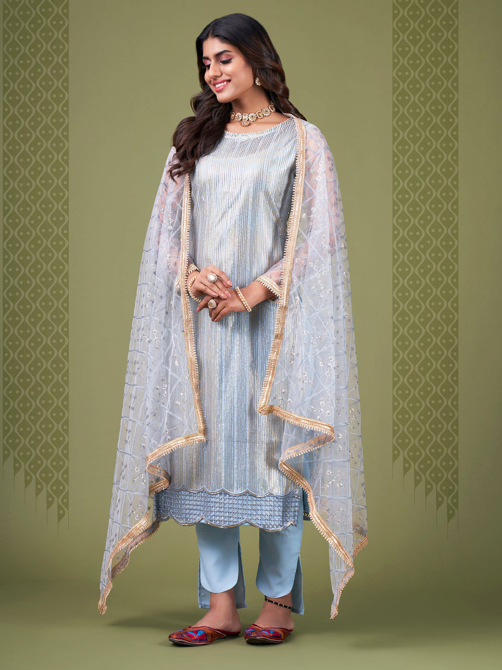 Spectacular Sky Blue Heavy Embroidery Net Salwar Suit With Dupatta