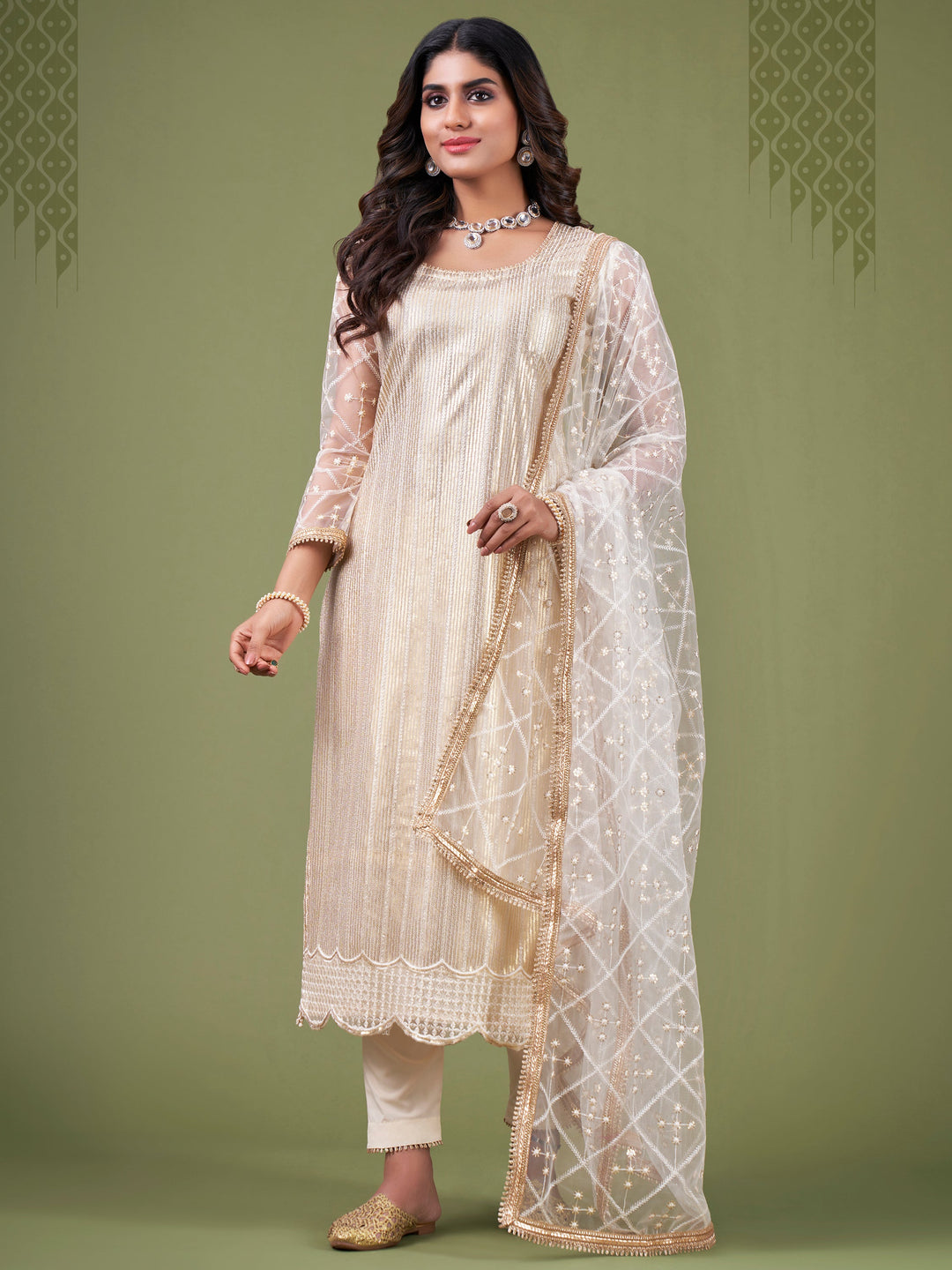 Alluring White And Cream Sequins Embroidered Net Salwar Suit