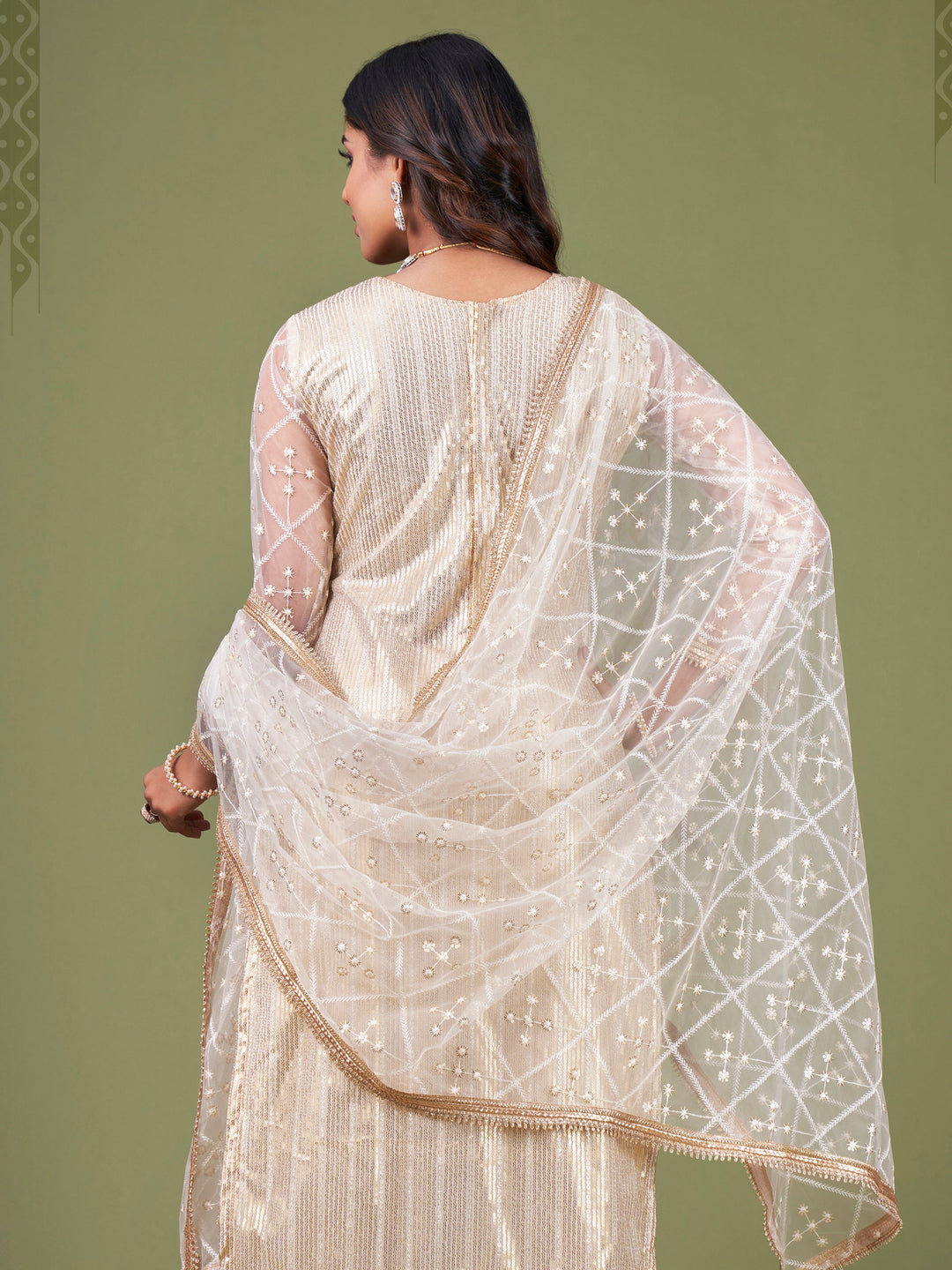 Alluring White And Cream Sequins Embroidered Net Salwar Suit