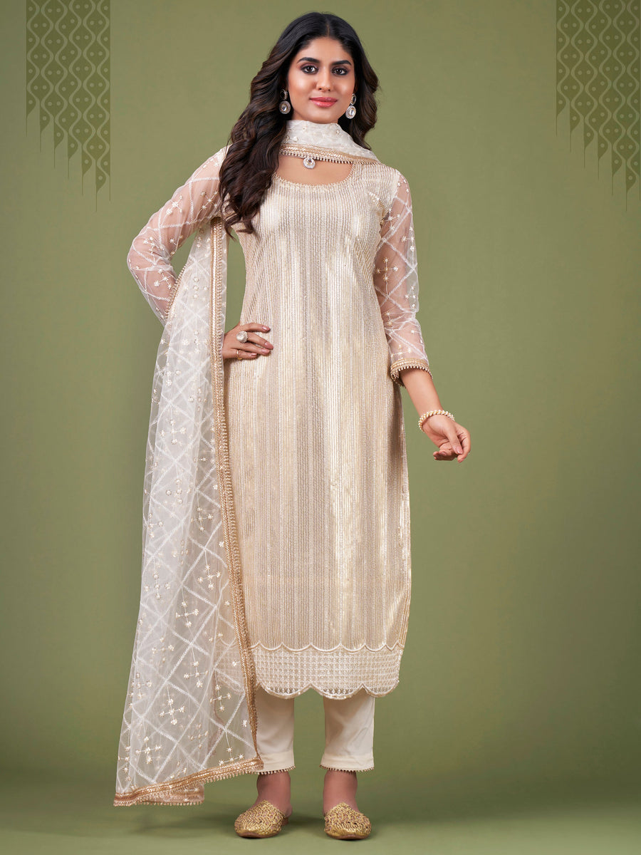 Alluring White And Cream Sequins Embroidered Net Salwar Suit