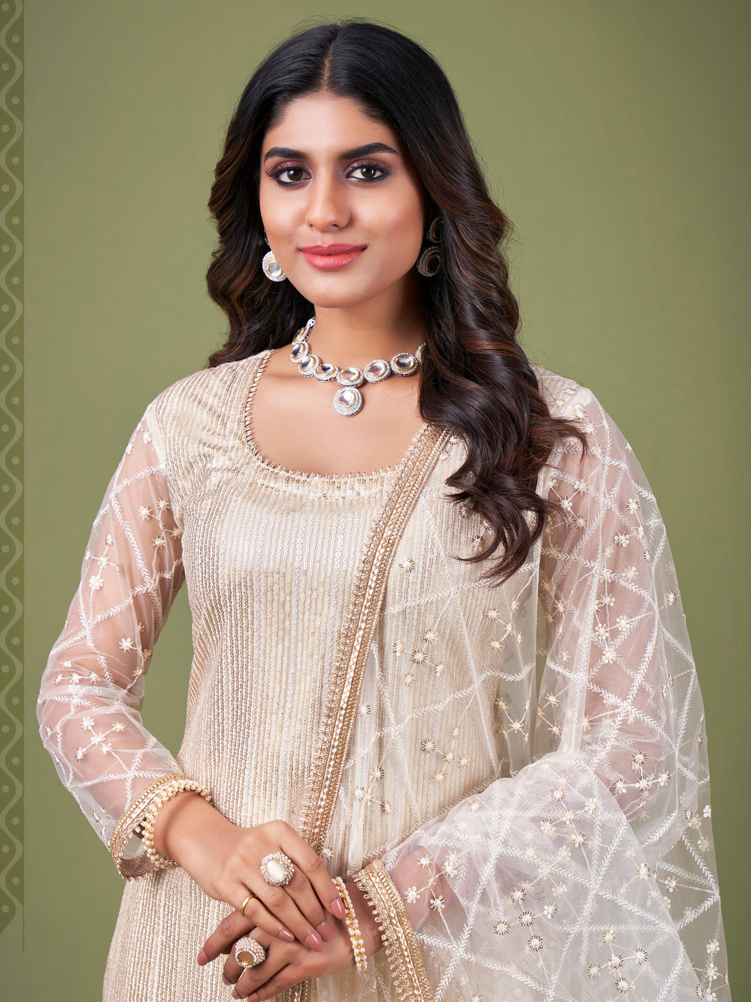 Alluring White And Cream Sequins Embroidered Net Salwar Suit