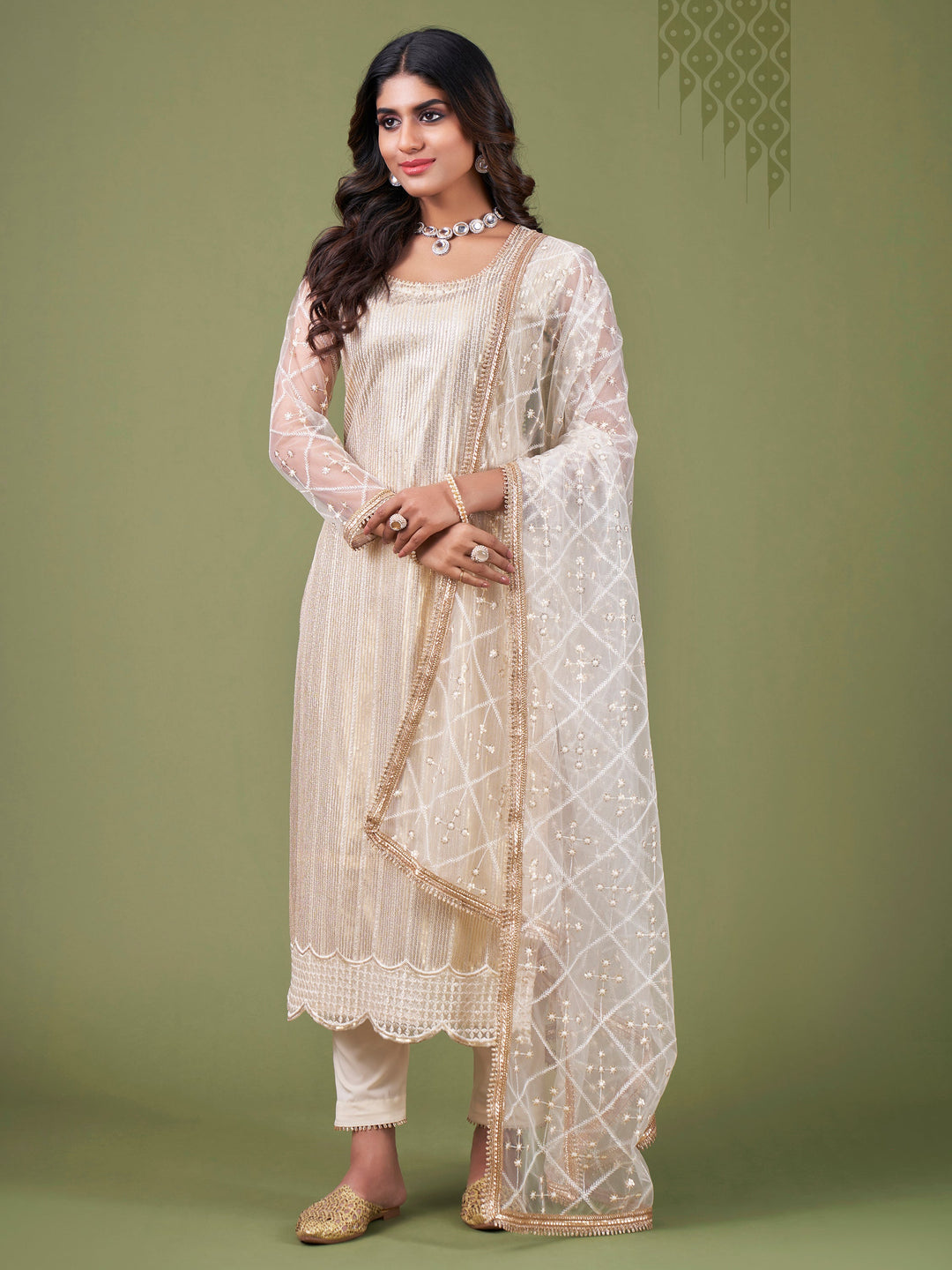 Alluring White And Cream Sequins Embroidered Net Salwar Suit