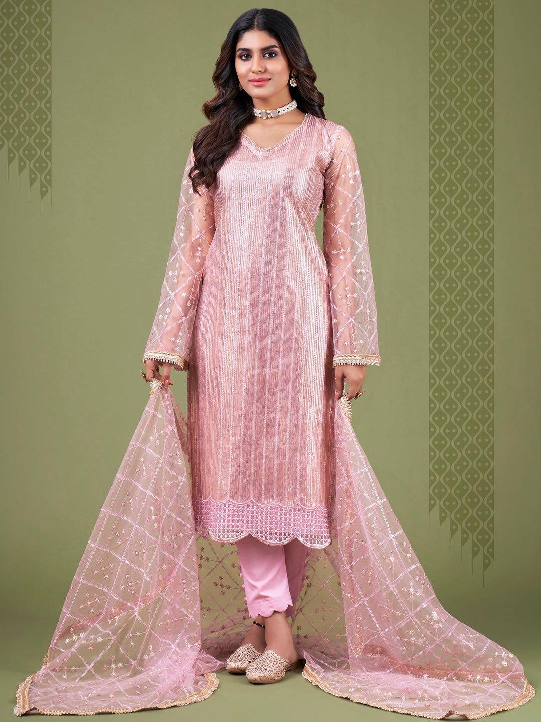 Remarkable Baby Pink Sequins Work Net Festival Wear Salwar Suit