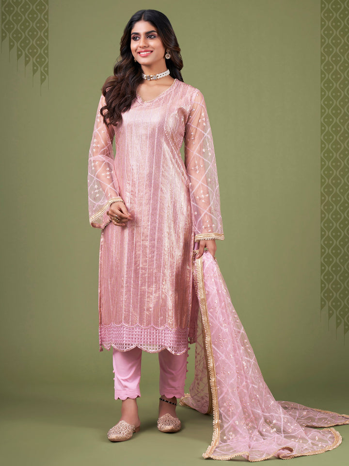 Remarkable Baby Pink Sequins Work Net Festival Wear Salwar Suit