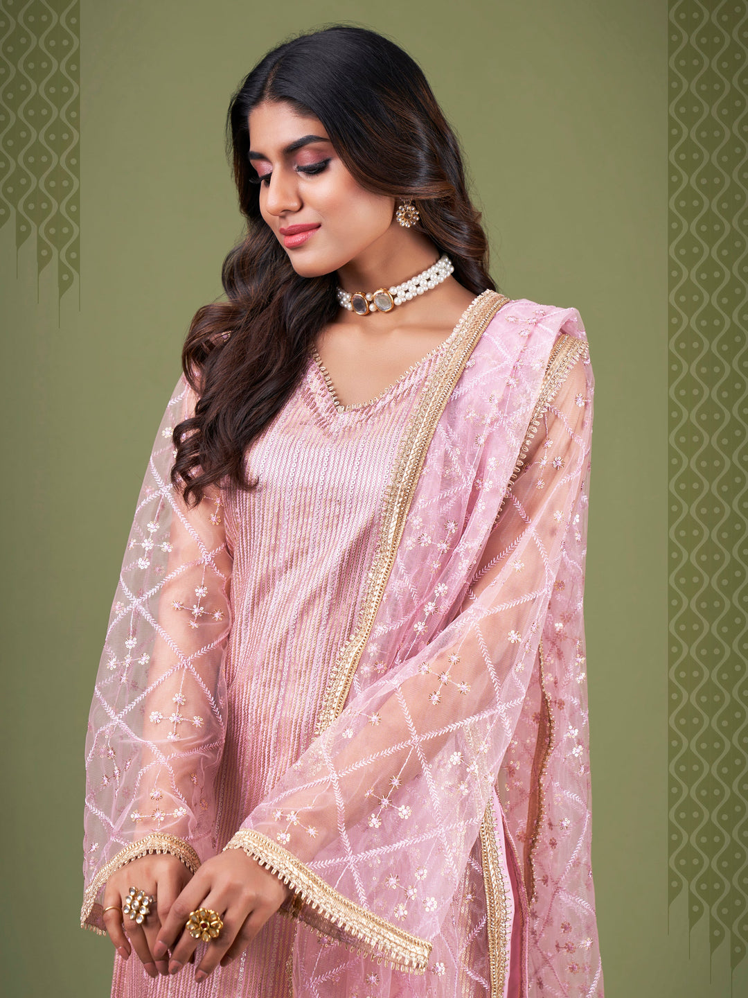 Remarkable Baby Pink Sequins Work Net Festival Wear Salwar Suit