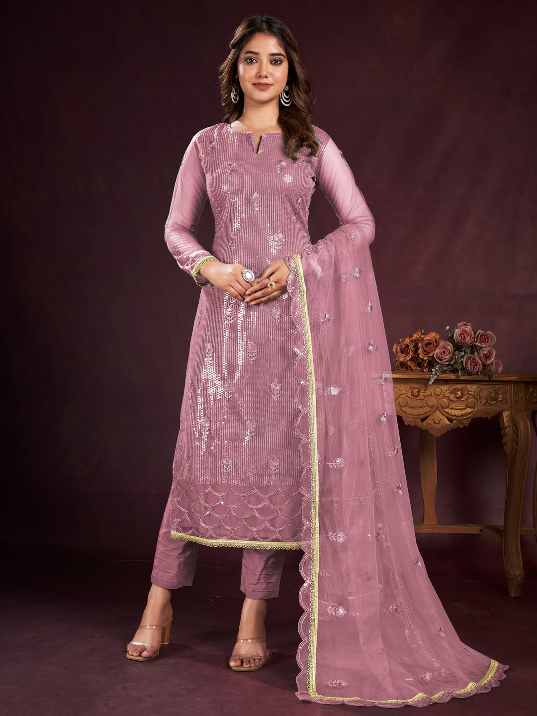 Lovely Dusty Pink Sequins Net Party Wear Salwar kameez With Dupatta