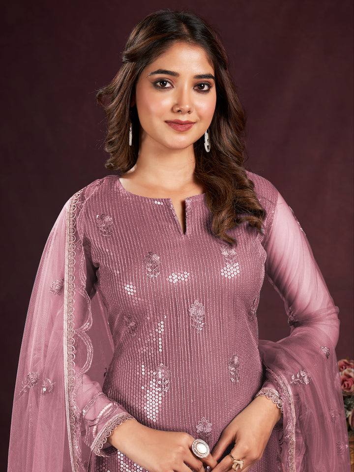 Lovely Dusty Pink Sequins Net Party Wear Salwar kameez With Dupatta