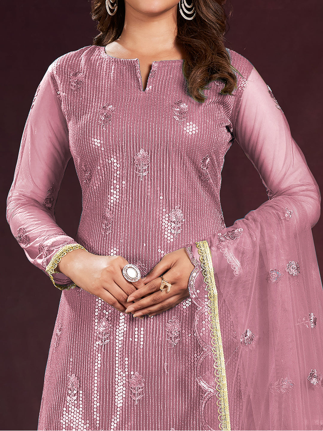 Lovely Dusty Pink Sequins Net Party Wear Salwar kameez With Dupatta