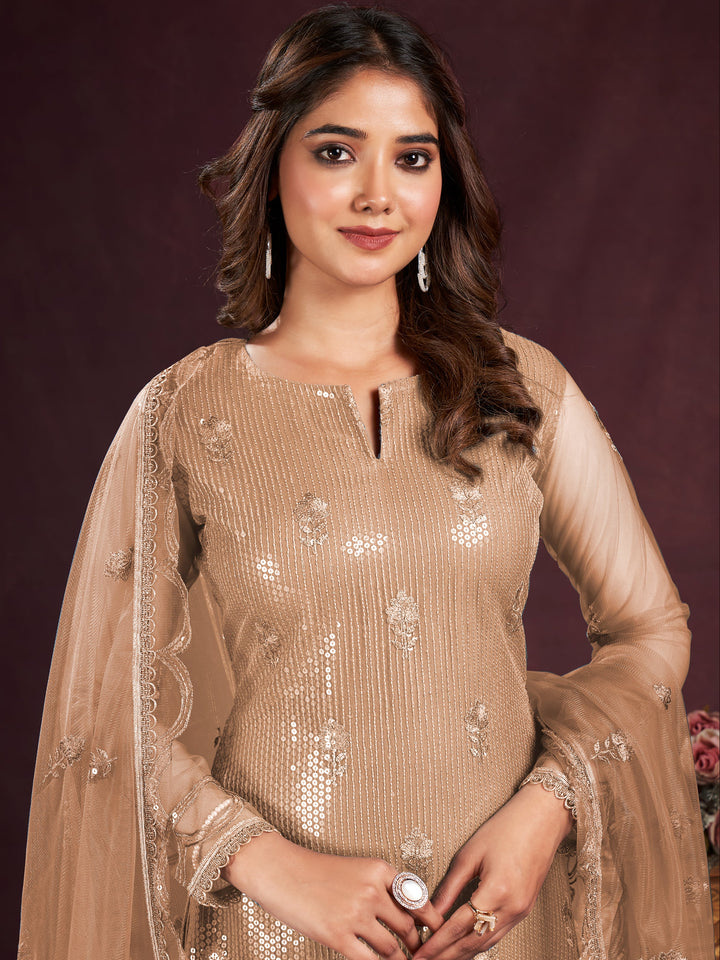 Enticing Brown Sequins Net Festive Wear Salwar kameez With Dupatta