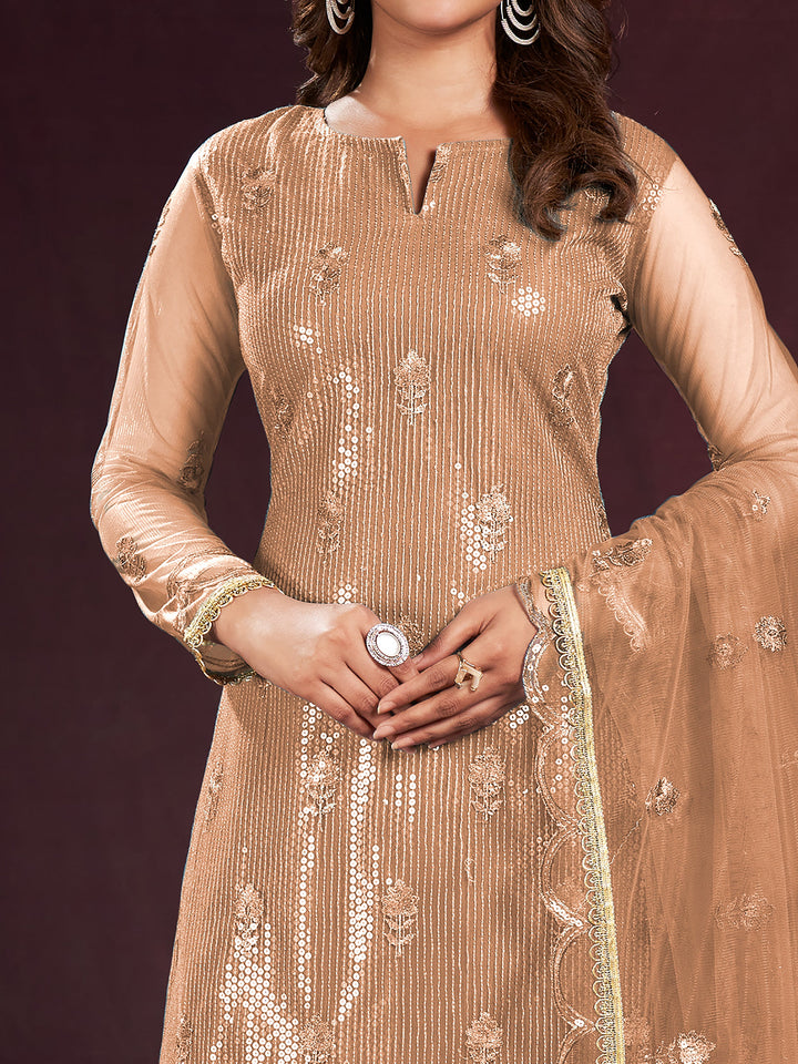 Enticing Brown Sequins Net Festive Wear Salwar kameez With Dupatta