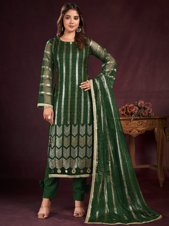 Alluring Green Sequins Net Mehendi Wear Salwar Kameez With Dupatta