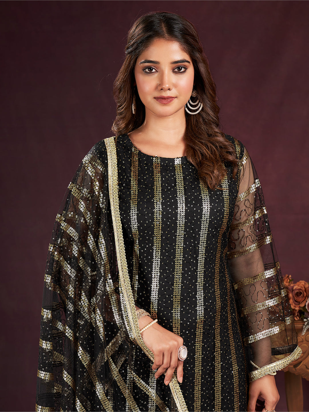 Attractive Black Sequins Net Reception Wear Salwar Kameez With Dupatta