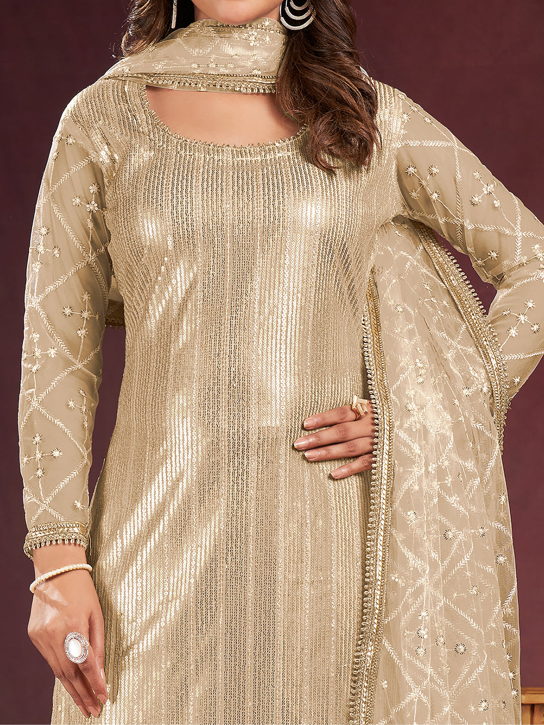 Amazing Beige Sequins Net Festive Wear Salwar Kameez With Dupatta