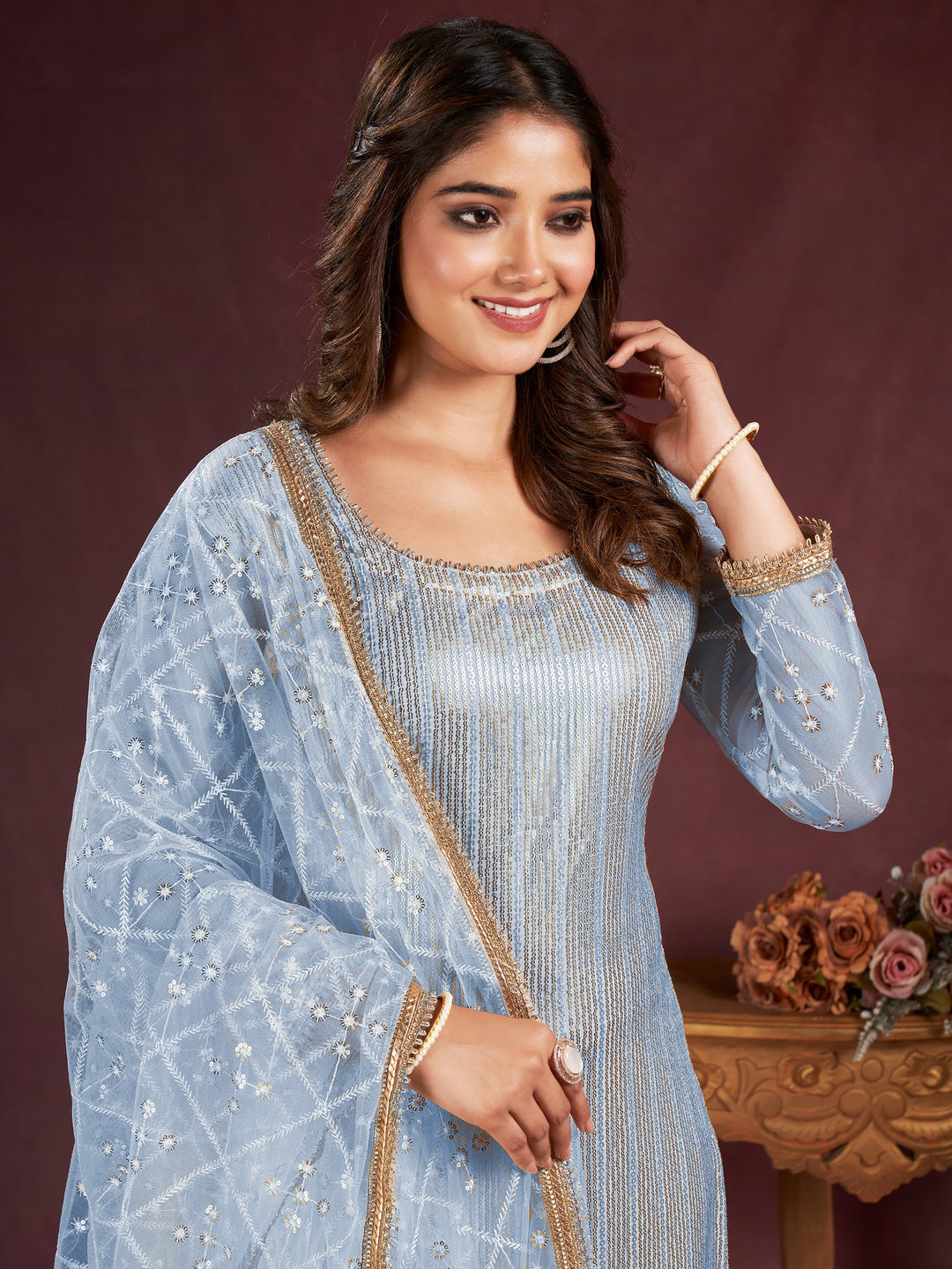 Entrancing Sky-Blue Sequins Net Traditional Salwar Kameez With Dupatta